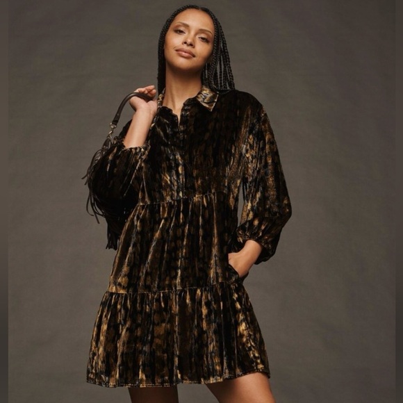 Anthropologie Dresses & Skirts - Maeve Bettina Tiered Shirt Dress Velvet Edition Anthropologie Gold/Brown Size L